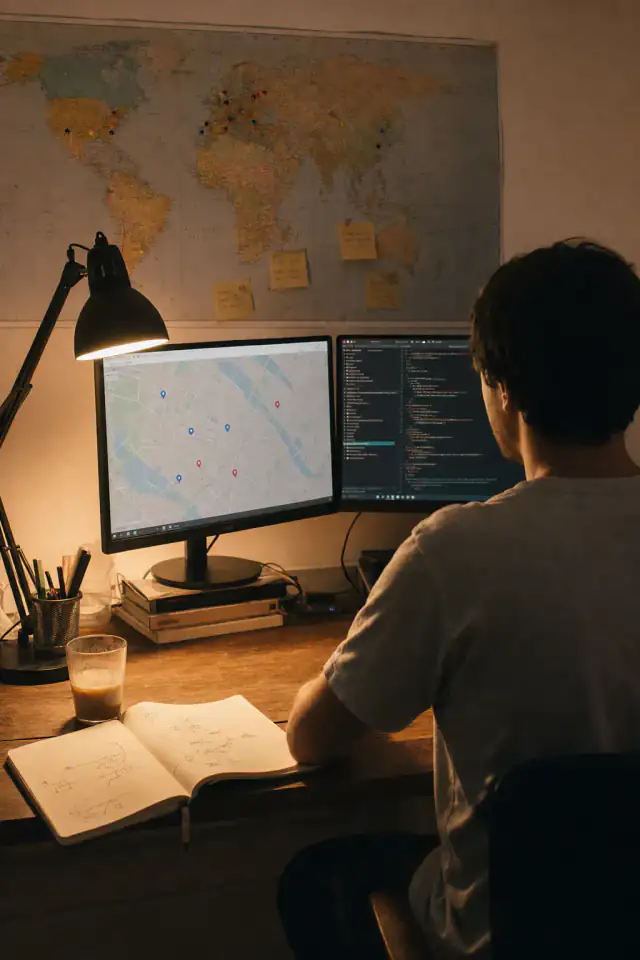 Ray's desk — dual monitors with a map open, a pinned paper world map, and cold coffee
